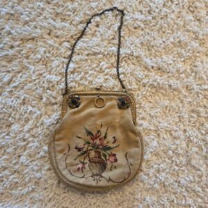 Vintage Floral Needlepoint Handbag Metal Frame Chain Rhinestone Accent & Mirror